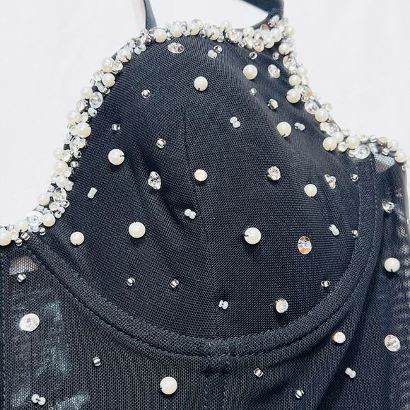 Windsor Halter Corset Top Large Black Spaghetti Strap Pearls Rhinestones New - Picture 3 of 12